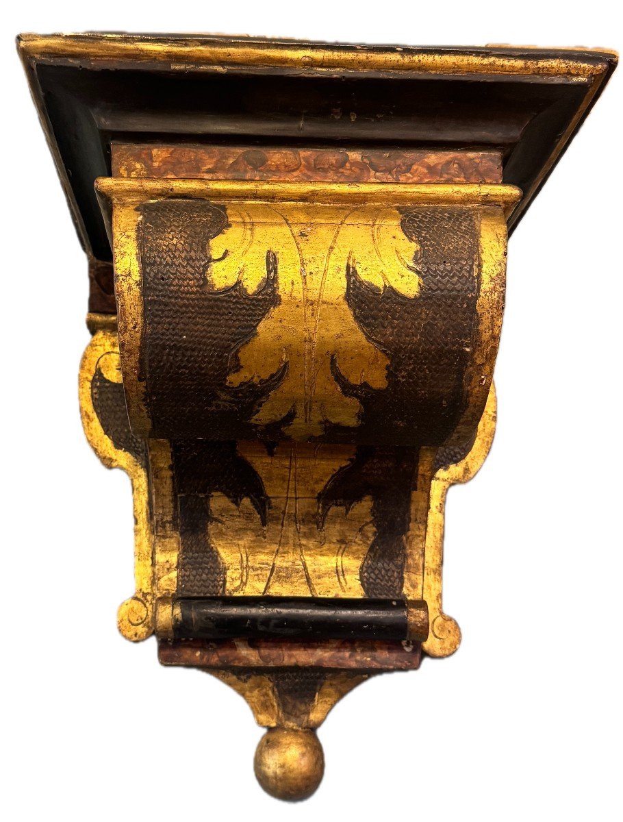 Wall Light Console In Carved Wood, Trompe l'Oeil Painted And Gilded. Italy -photo-3