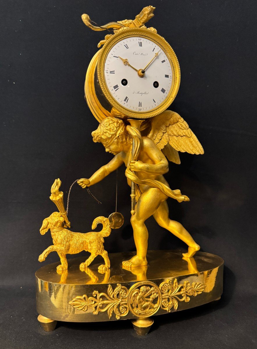 Empire Clock With Cupid Carrier In Gilded Bronze ''blind Love'' -photo-5
