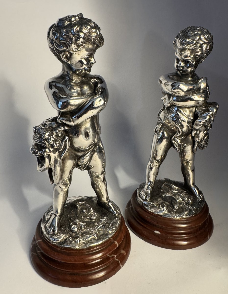 Comedy And Tragedy - Louis Kley - 2 Children In Silver-plated Bronze - Putti-photo-3