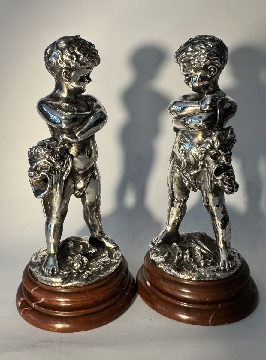 Comedy And Tragedy - Louis Kley - 2 Children In Silver-plated Bronze - Putti-photo-4