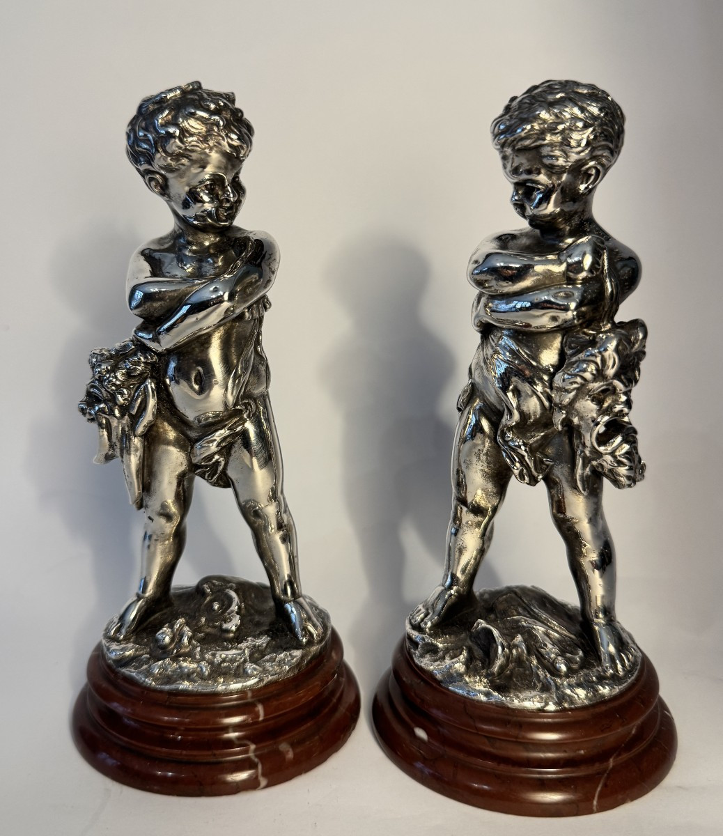 Comedy And Tragedy - Louis Kley - 2 Children In Silver-plated Bronze - Putti