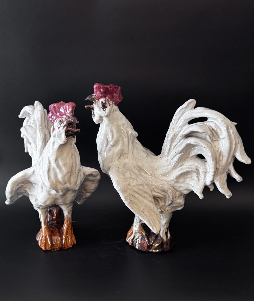 Paire de coqs en terre cuite émaillée blanc - Sculpture - Barbotine-photo-7