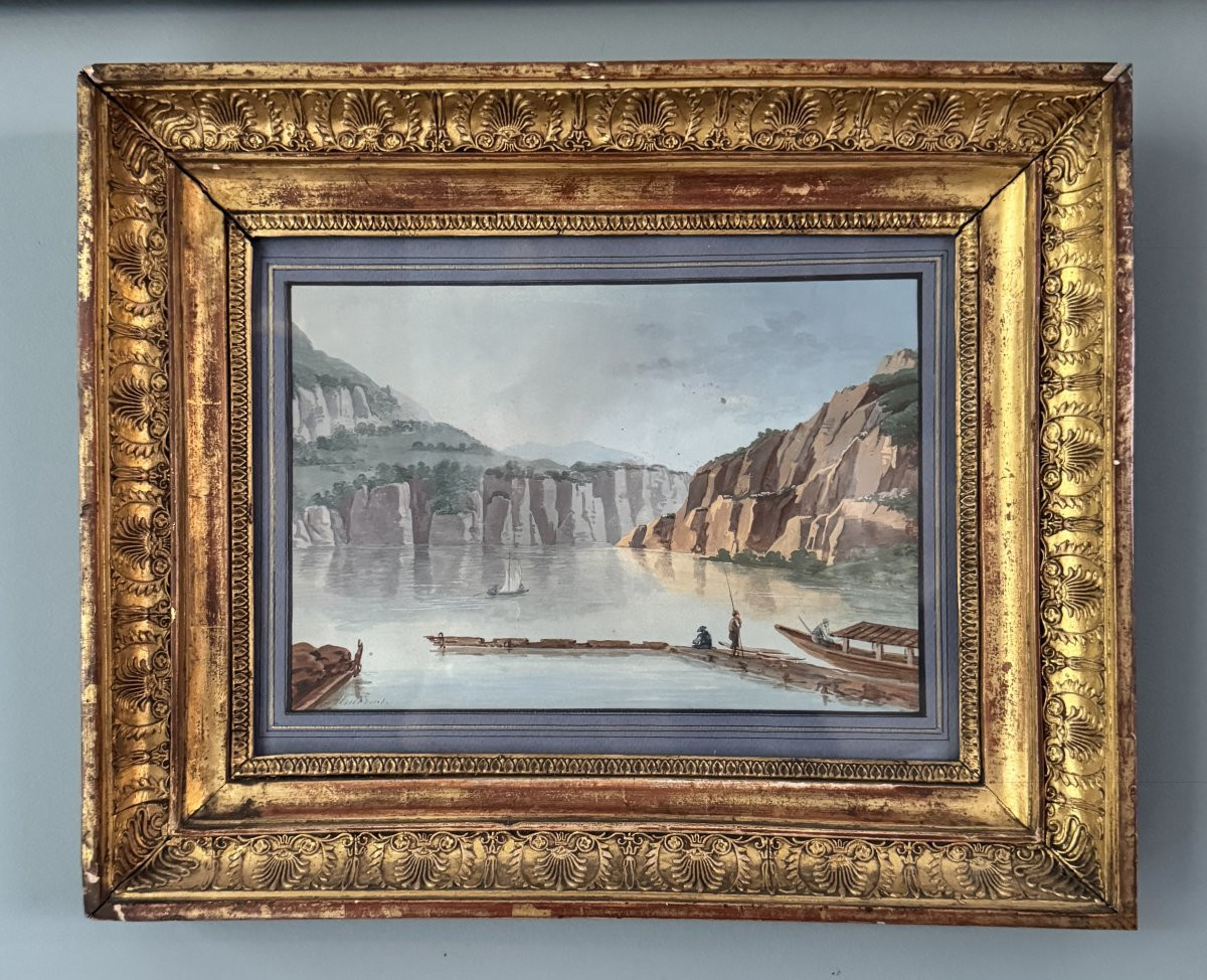 Swiss Landscape, Lakeside By A.-m. Almeras. 19th Century Watercolor.-photo-2