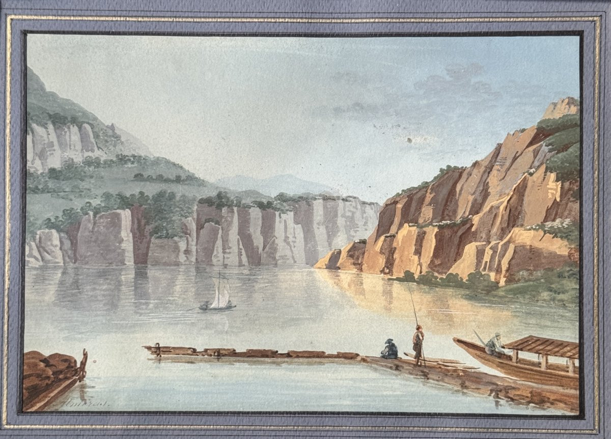 Swiss Landscape, Lakeside By A.-m. Almeras. 19th Century Watercolor.-photo-3