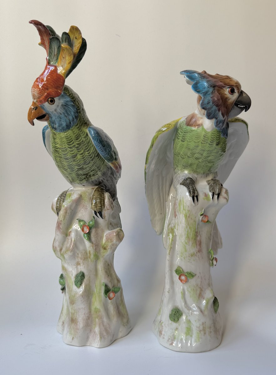 Paire de perroquets perchés en porcelaine de Paris (Bourdois & Bloch) H36-photo-1