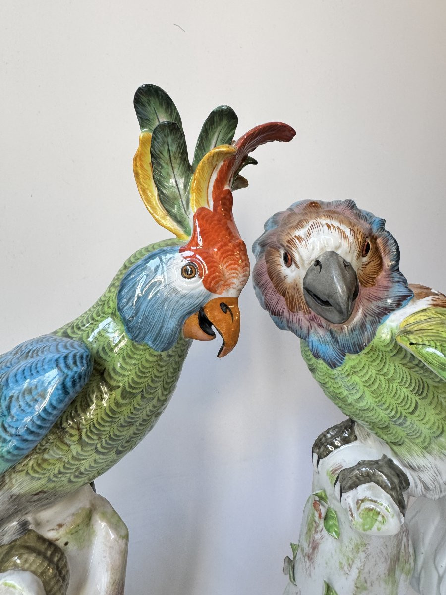 Paire de perroquets perchés en porcelaine de Paris (Bourdois & Bloch) H36-photo-2