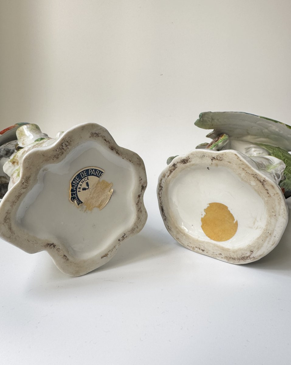 Paire de perroquets perchés en porcelaine de Paris (Bourdois & Bloch) H36-photo-6