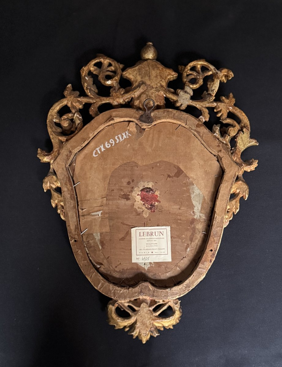 Gilded Wood Shield Mirror, Italy, 18th Century, H 44 -photo-4
