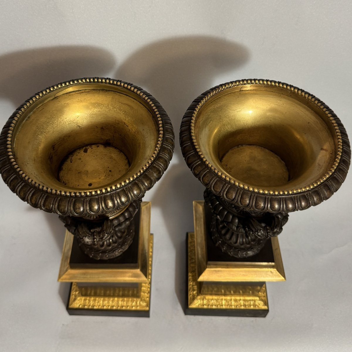 Pair Of Empire Bronze Cassolettes With Medici Vases H36-photo-3