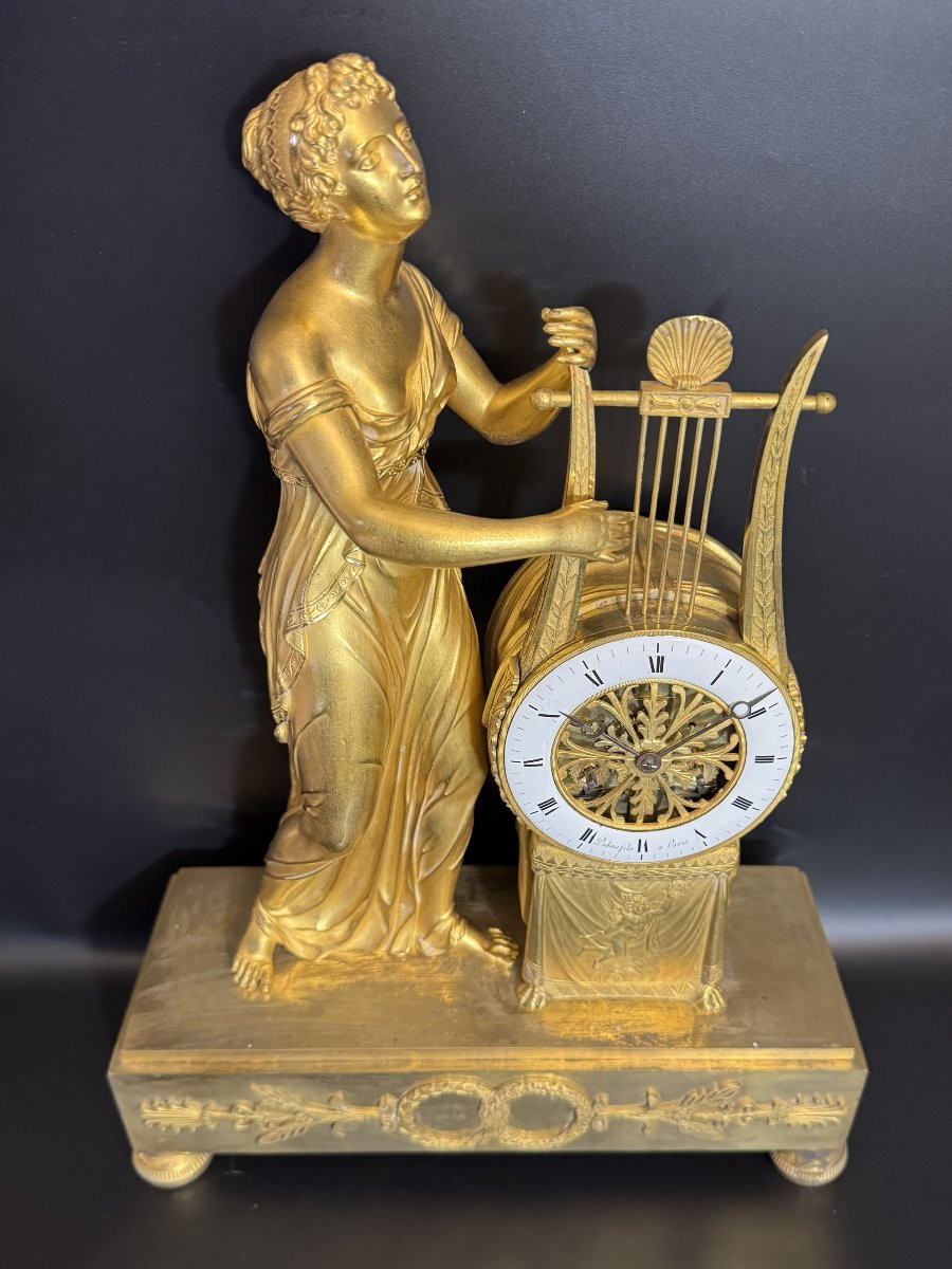 Empire Clock In Gilded Bronze "muse With Lyre" Allegory Of Music-photo-3