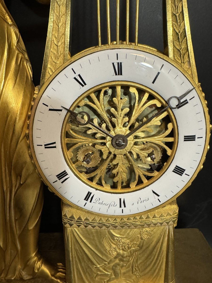 Empire Clock In Gilded Bronze "muse With Lyre" Allegory Of Music-photo-1