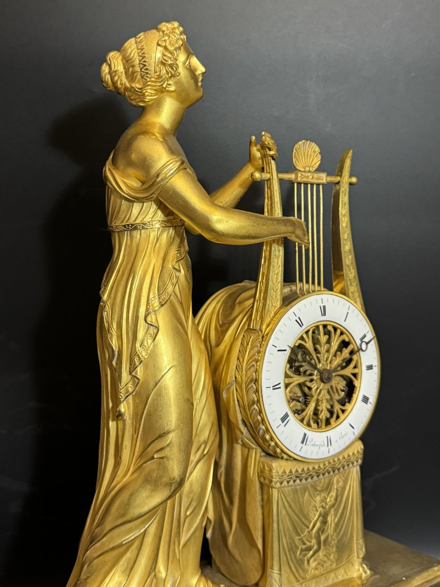 Empire Clock In Gilded Bronze "muse With Lyre" Allegory Of Music-photo-3