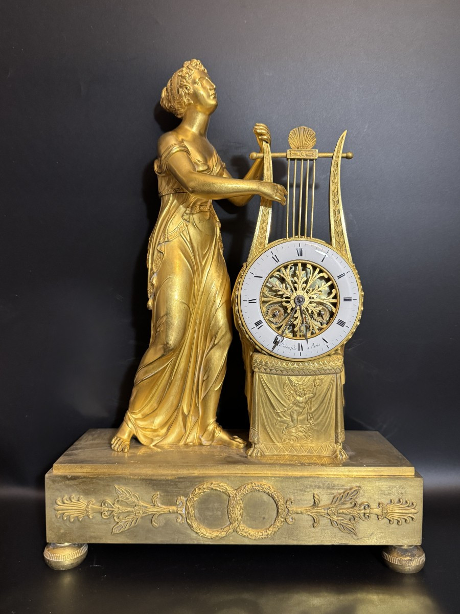 Empire Clock In Gilded Bronze "muse With Lyre" Allegory Of Music
