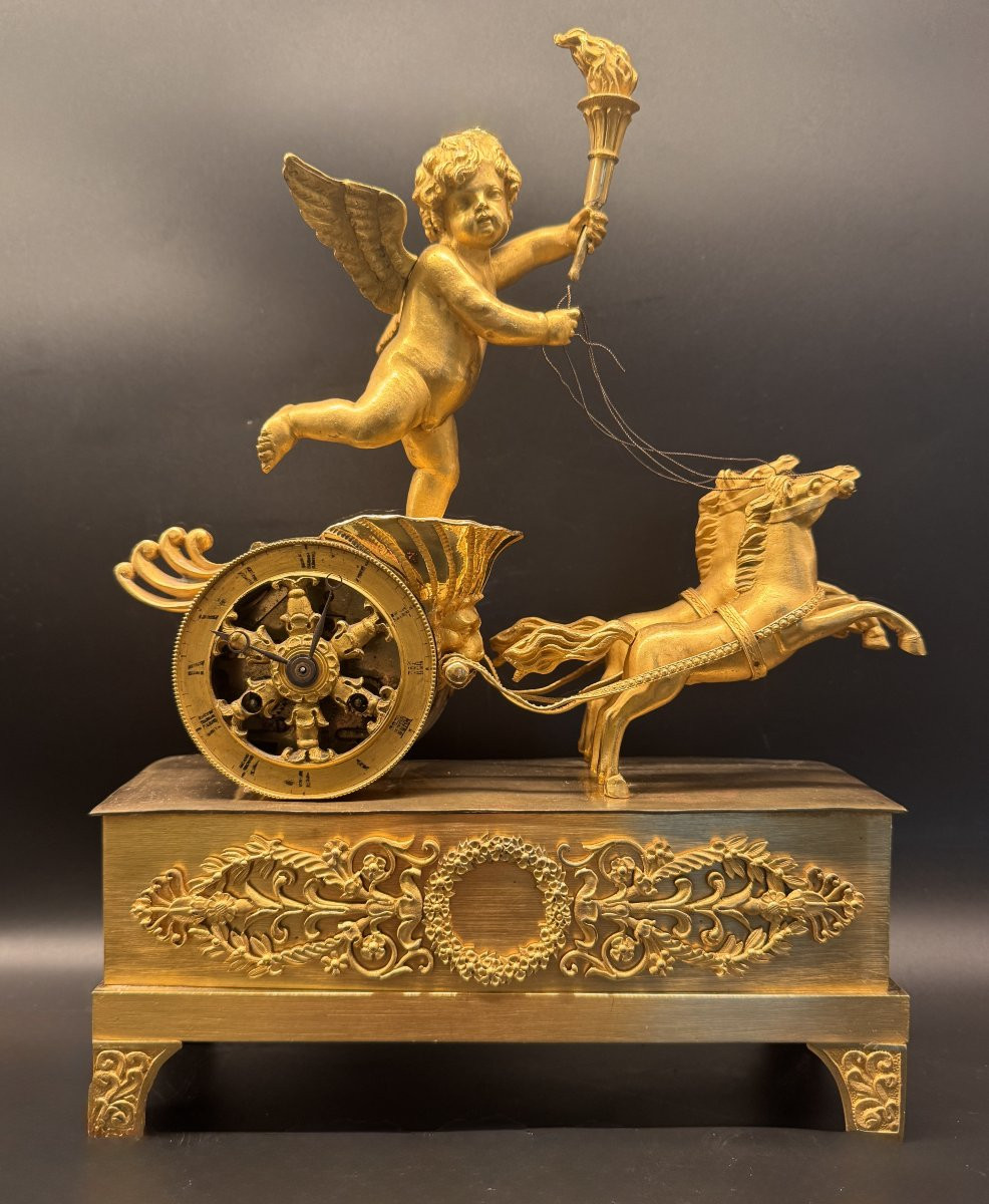 Pendule Empire "Char de l'Amour" en bronze doré - Cupidon-photo-3
