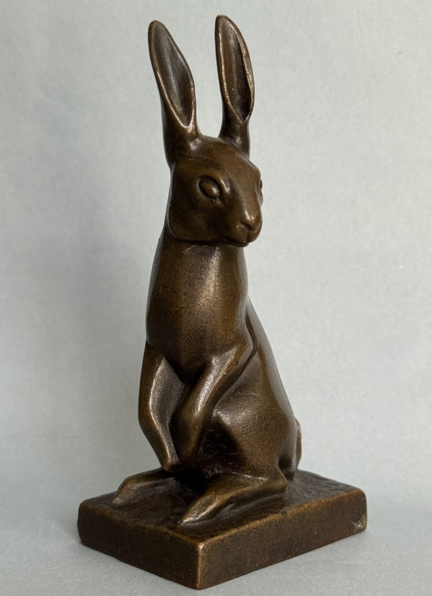 Sculpture Bronze "Lapin assis oreilles dressées" Irénée ROCHARD ArtDeco-photo-2
