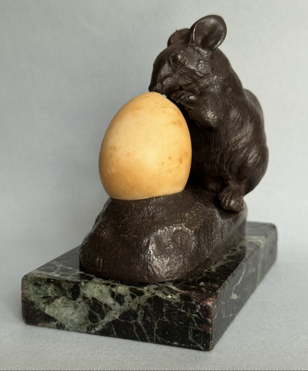 Mouse With Egg By Clovis Masson - Animal Bronze Sculpture-photo-4
