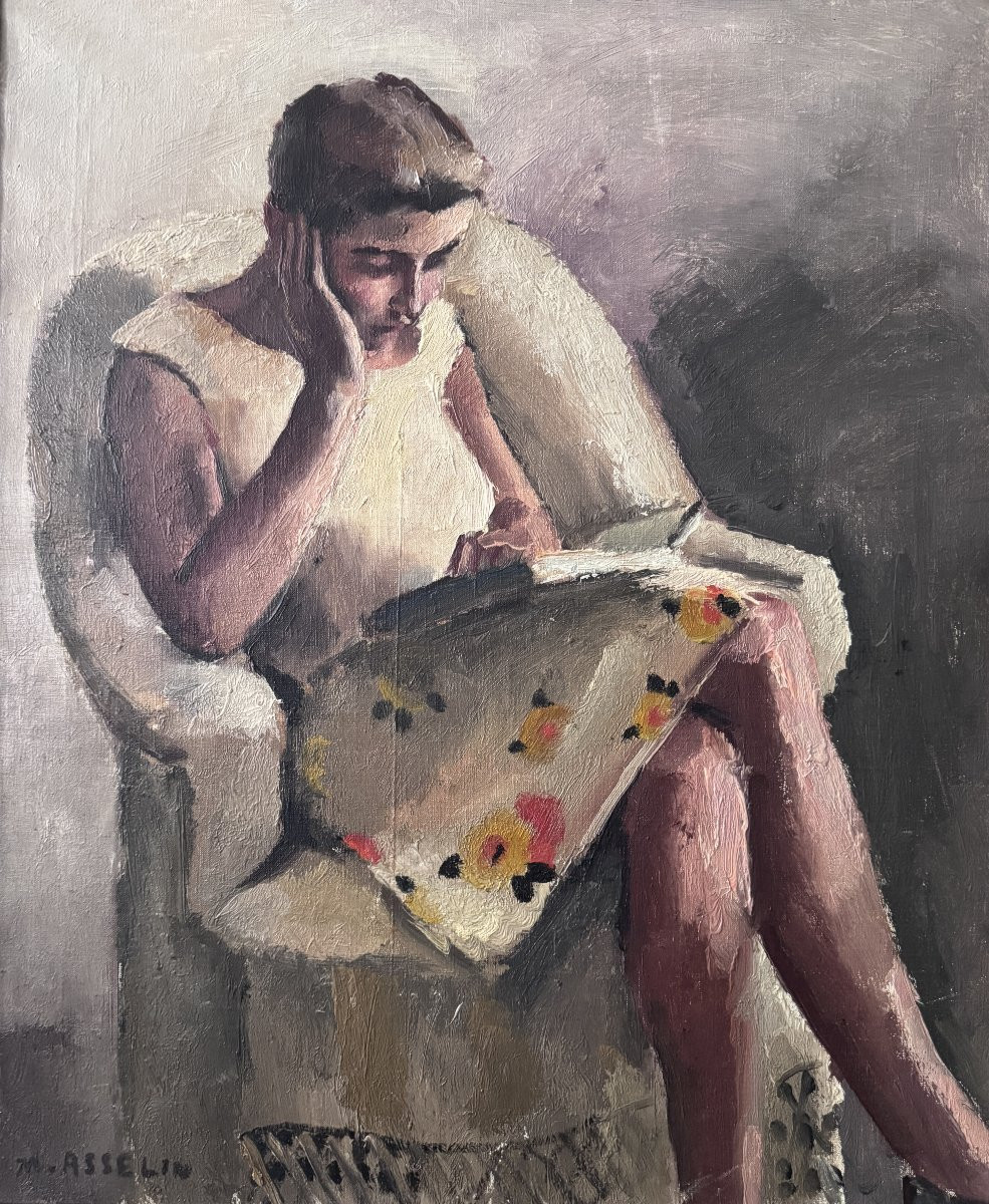 Maurice Asselin - Young Woman Reading - Oil On Canvas-photo-4