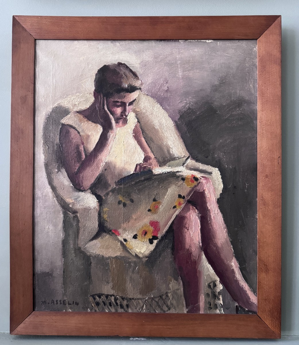 Maurice Asselin - Young Woman Reading - Oil On Canvas