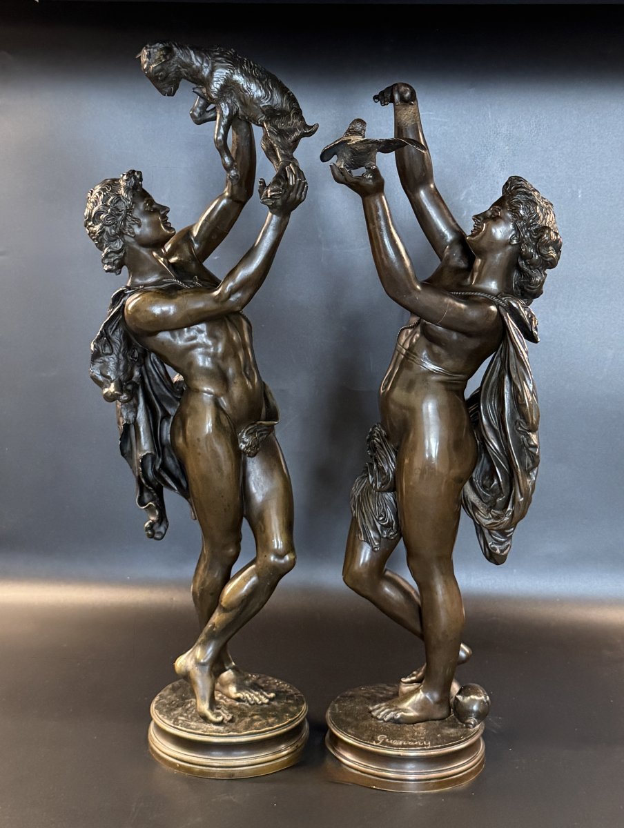 Pair Of Bronze Sculptures "young Faun With Akid" &  "young Woman With A Dove" By Gumery-photo-2