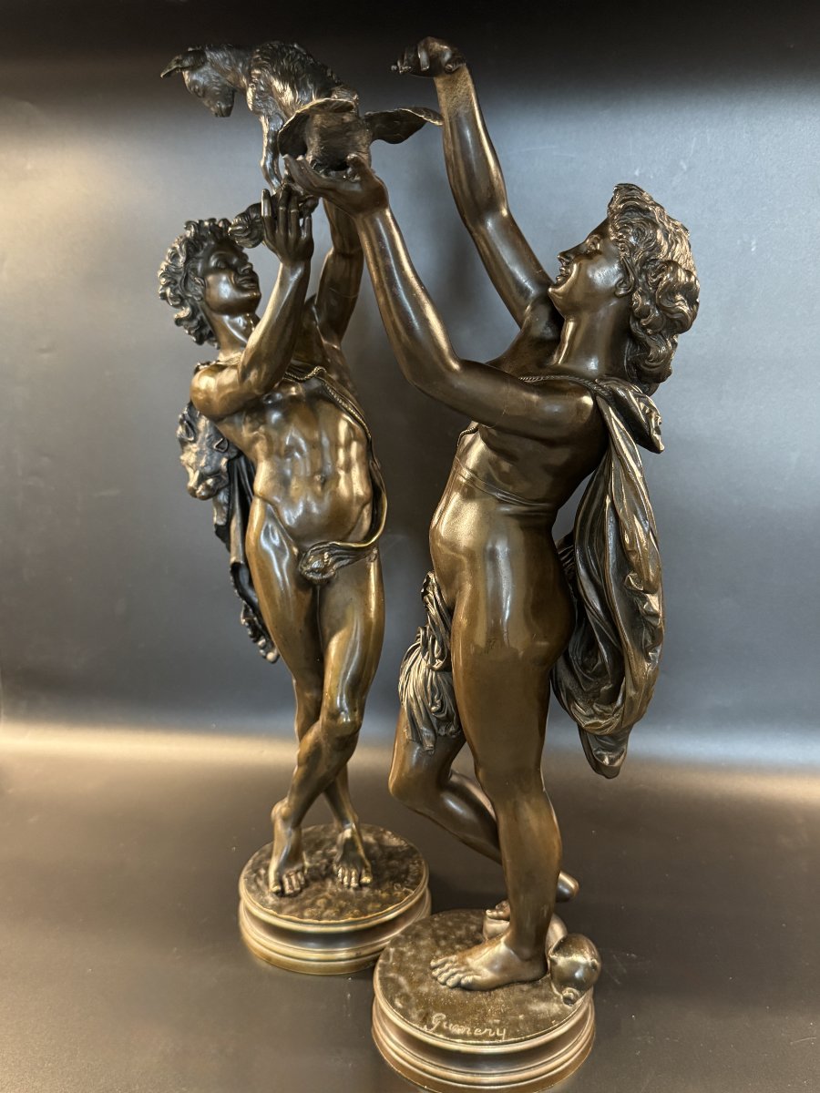 Pair Of Bronze Sculptures "young Faun With Akid" &  "young Woman With A Dove" By Gumery-photo-3