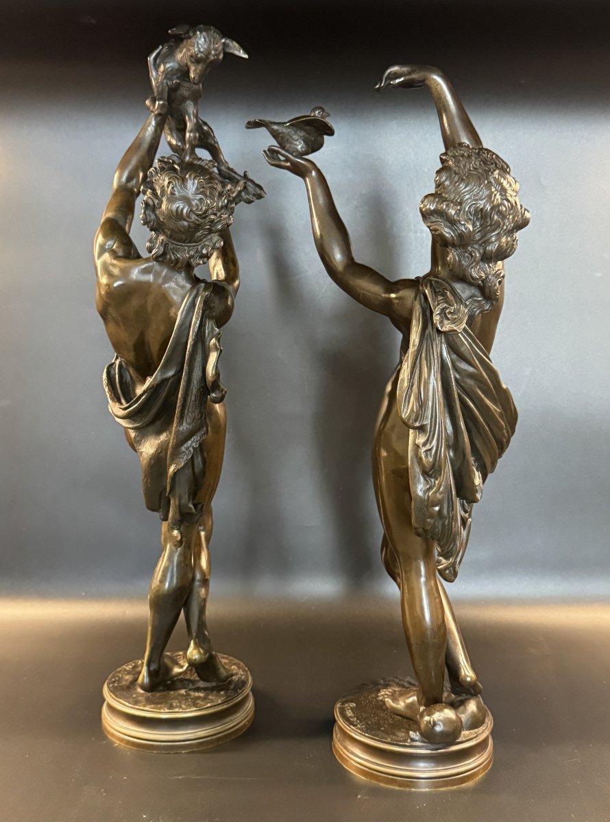 Pair Of Bronze Sculptures "young Faun With Akid" &  "young Woman With A Dove" By Gumery-photo-4
