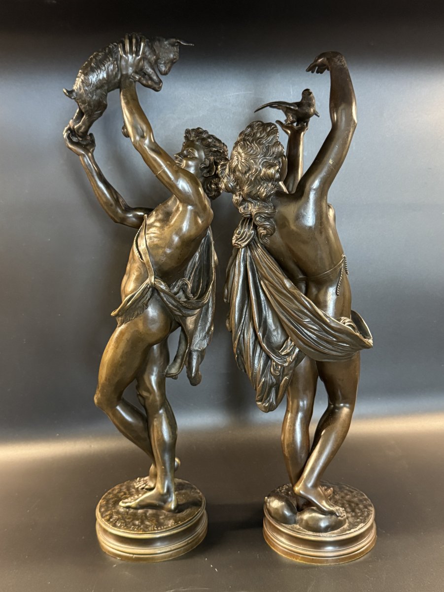 Pair Of Bronze Sculptures "young Faun With Akid" &  "young Woman With A Dove" By Gumery-photo-1