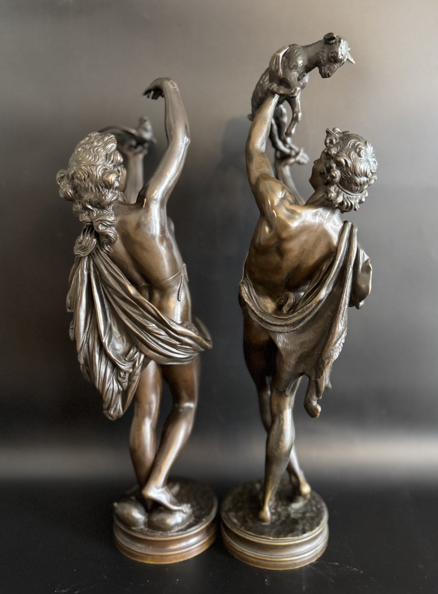 Pair Of Bronze Sculptures "young Faun With Akid" &  "young Woman With A Dove" By Gumery-photo-2