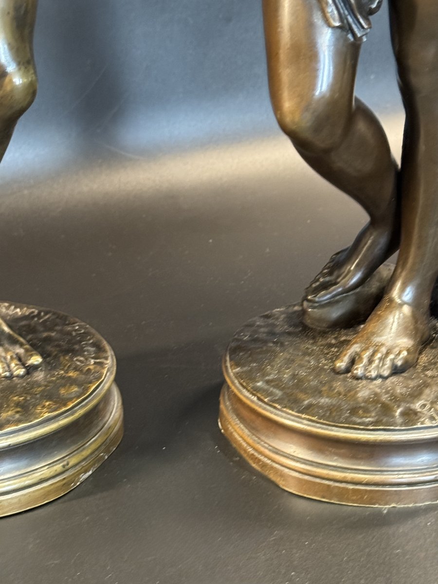 Pair Of Bronze Sculptures "young Faun With Akid" &  "young Woman With A Dove" By Gumery-photo-6