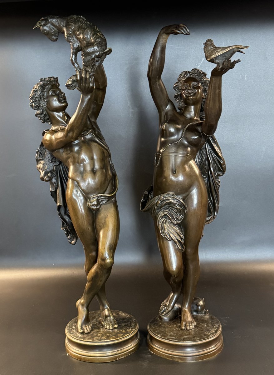 Pair Of Bronze Sculptures "young Faun With Akid" &  "young Woman With A Dove" By Gumery