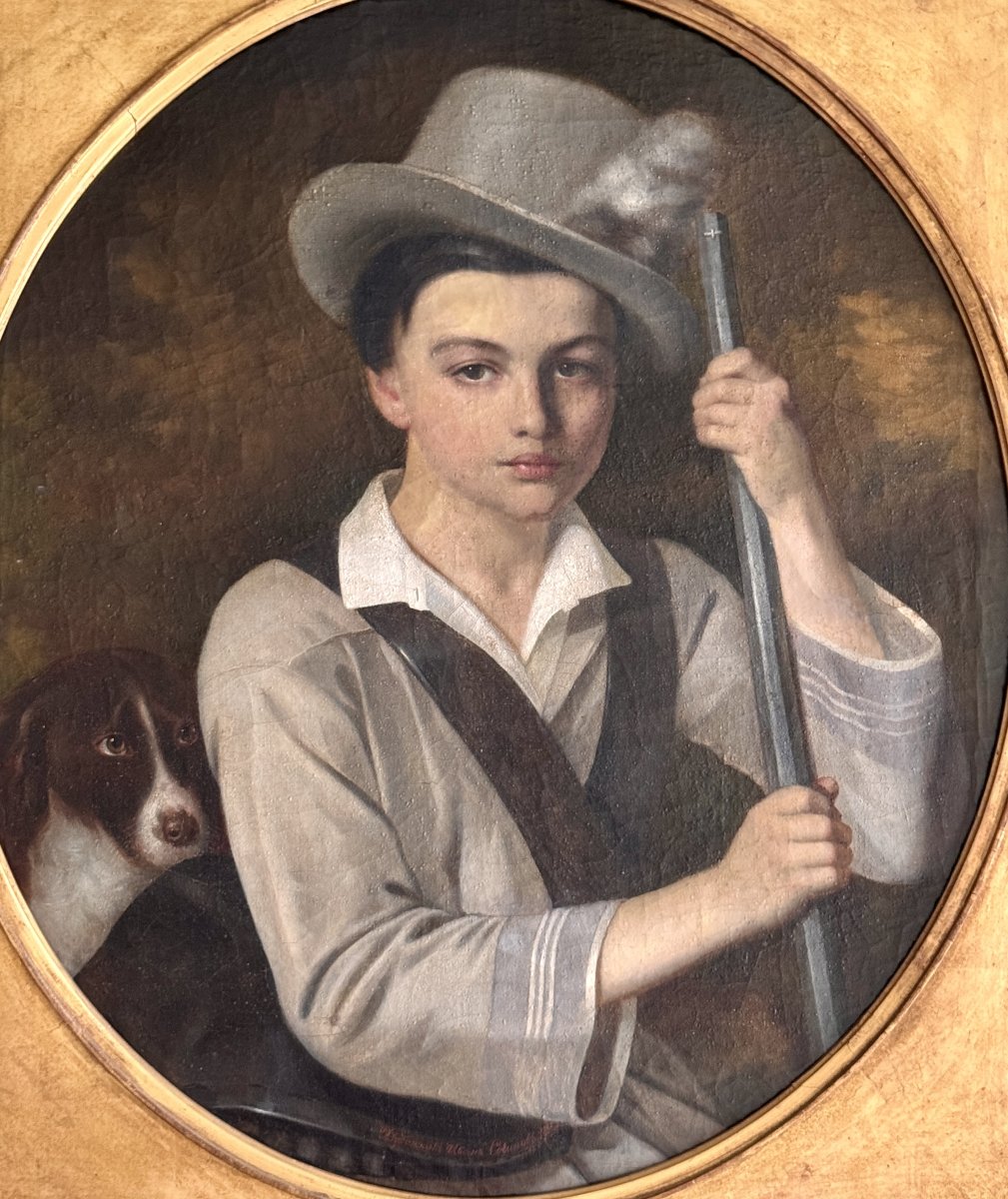 Ivan Savinov, Portrait A Young Man With His Dog. Oil On Canvas, 19th-century Russian School-photo-2