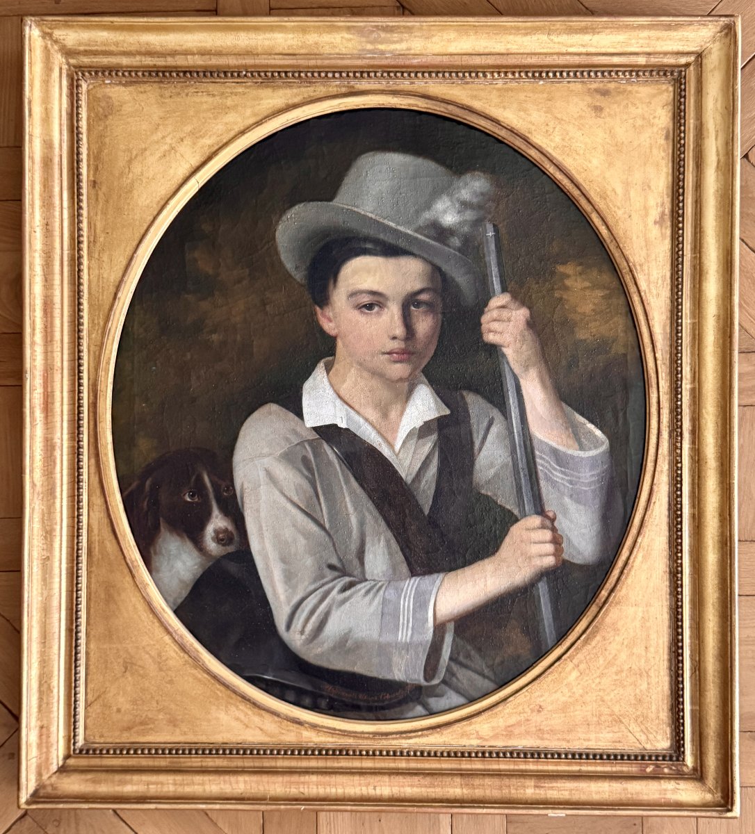 Ivan Savinov, Portrait A Young Man With His Dog. Oil On Canvas, 19th-century Russian School