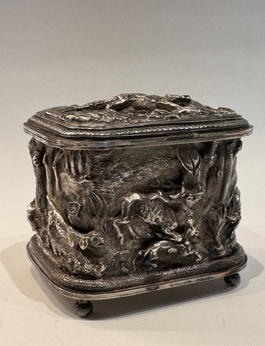 Léopold Oudry Editeur, coffret à bijoux métal argenté animalier, XIXe siècle-photo-2