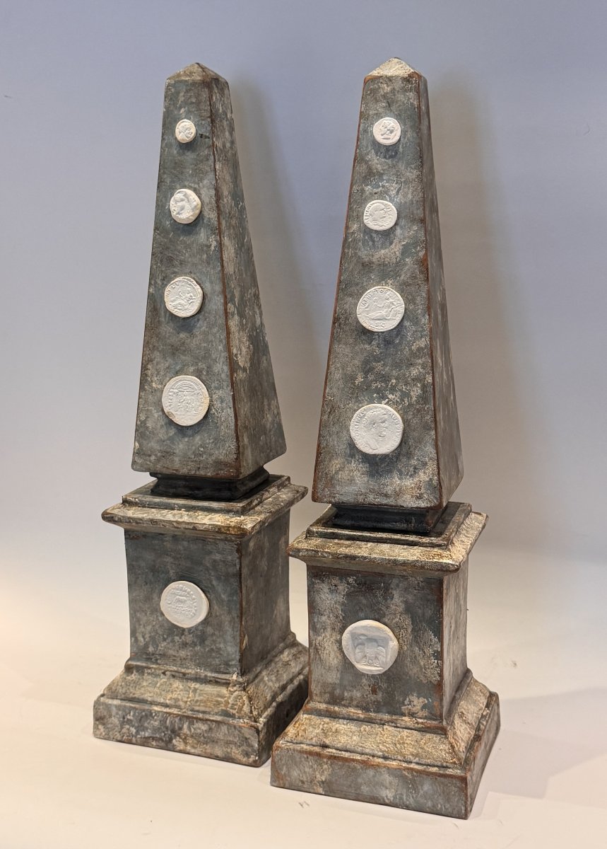 Pair Of Obelisks With Antique-style Grand Tour Intaglios