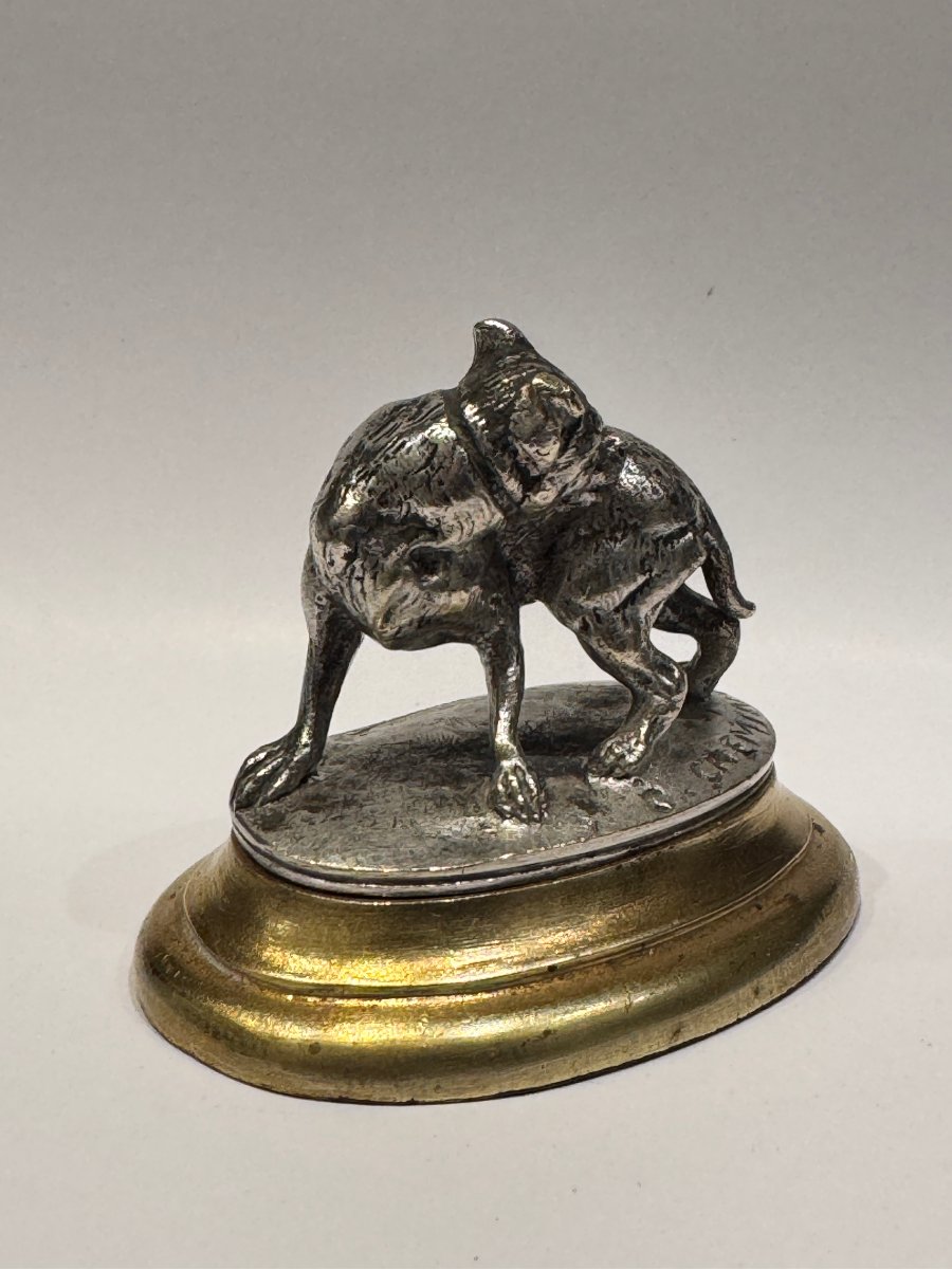 Sculpture miniature - Chien à la puce – Bronze argenté par Victor Chemin-photo-2