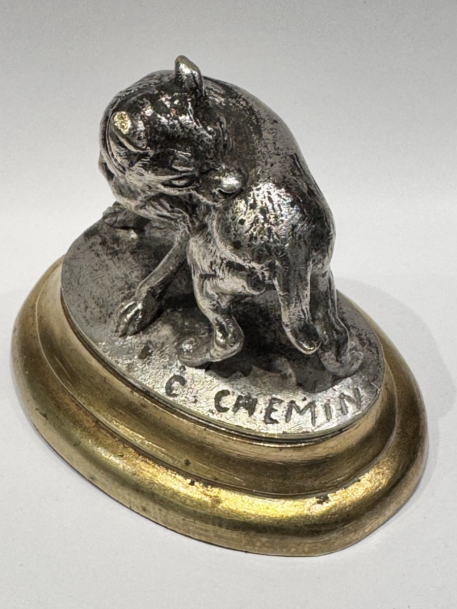 Sculpture miniature - Chien à la puce – Bronze argenté par Victor Chemin-photo-4