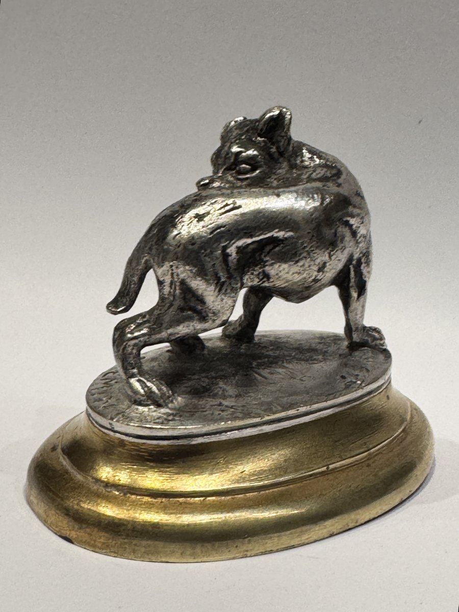 Sculpture miniature - Chien à la puce – Bronze argenté par Victor Chemin-photo-1
