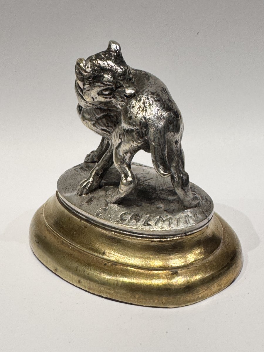 Sculpture miniature - Chien à la puce – Bronze argenté par Victor Chemin-photo-3