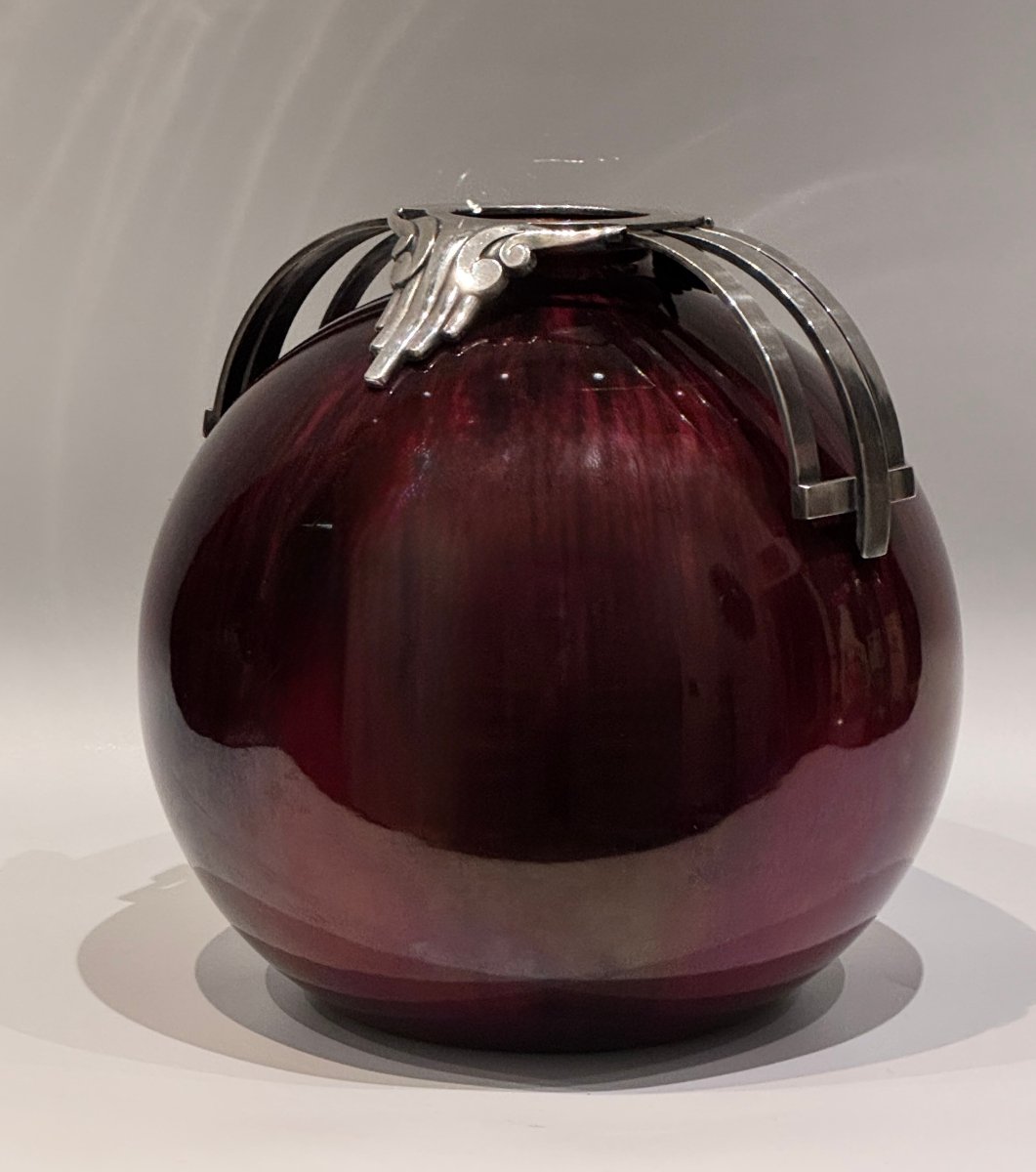 Flamed Oxblood-red Ball Vase - Silver-plated Art Deco Bronze - Paul Milet In Sevres-photo-2