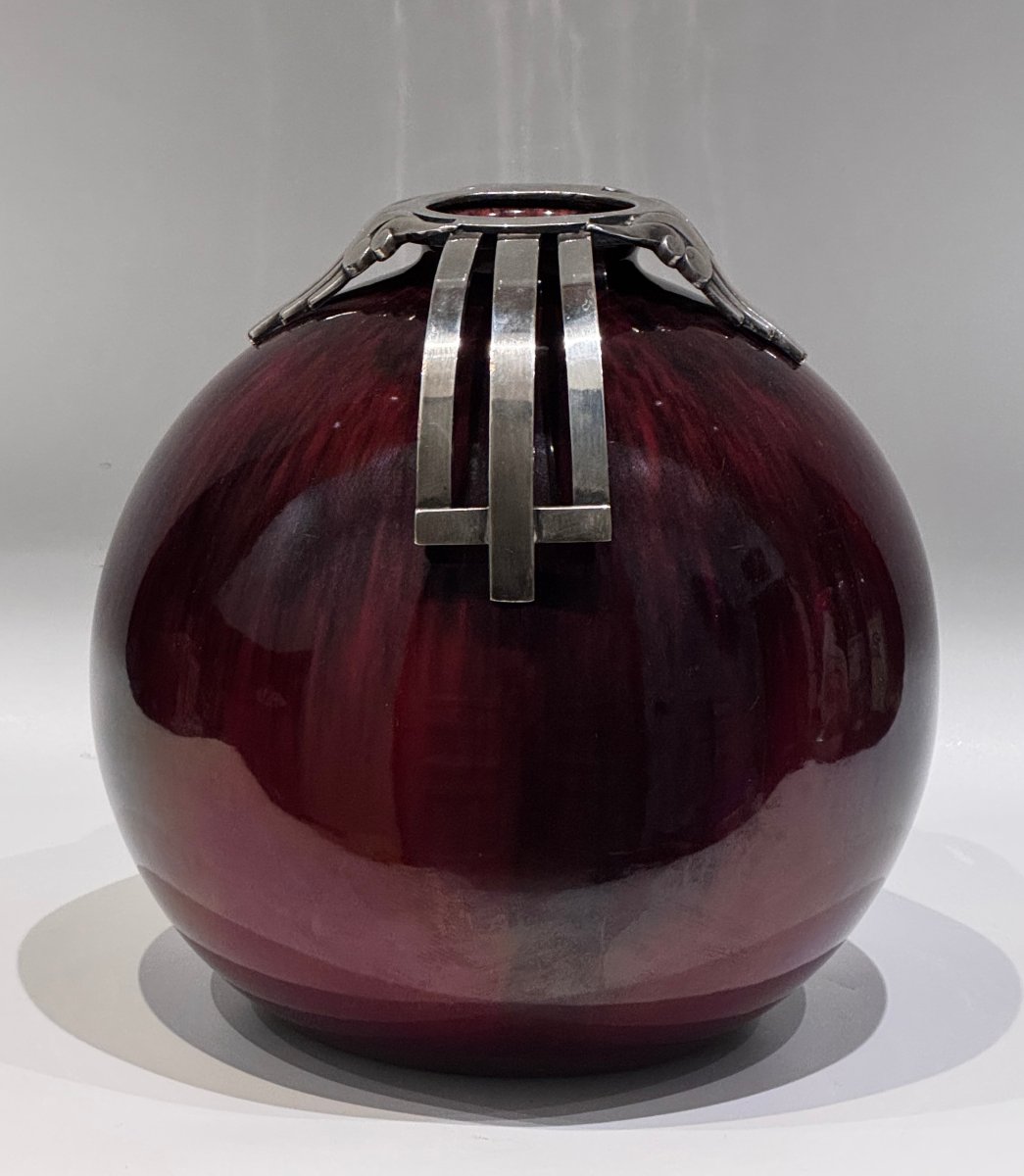 Flamed Oxblood-red Ball Vase - Silver-plated Art Deco Bronze - Paul Milet In Sevres-photo-3