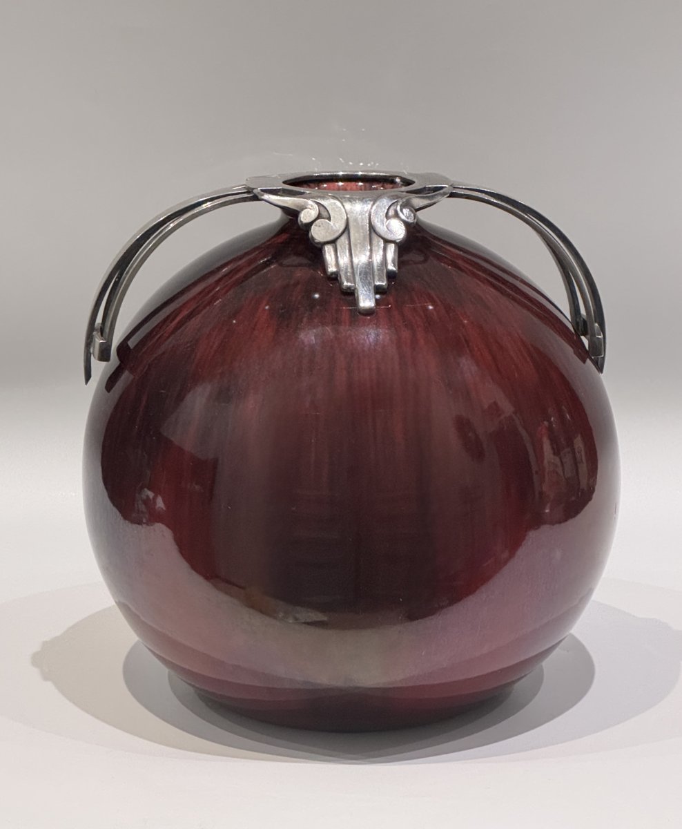 Flamed Oxblood-red Ball Vase - Silver-plated Art Deco Bronze - Paul Milet In Sevres-photo-4