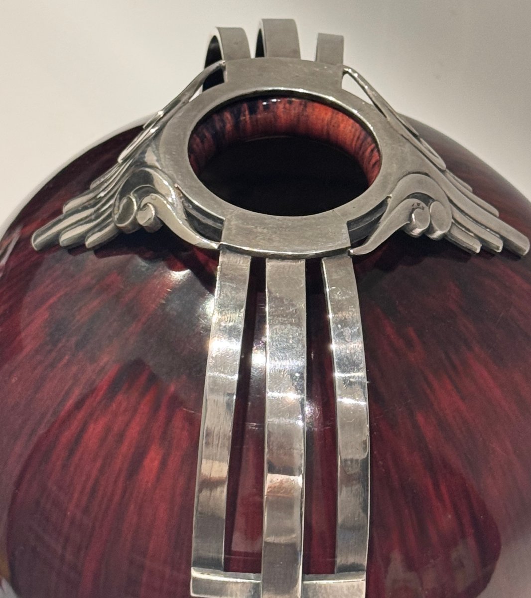 Flamed Oxblood-red Ball Vase - Silver-plated Art Deco Bronze - Paul Milet In Sevres-photo-1