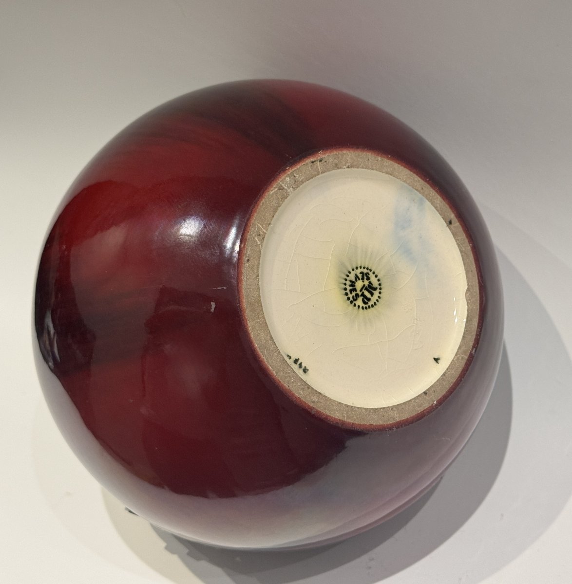 Flamed Oxblood-red Ball Vase - Silver-plated Art Deco Bronze - Paul Milet In Sevres-photo-2