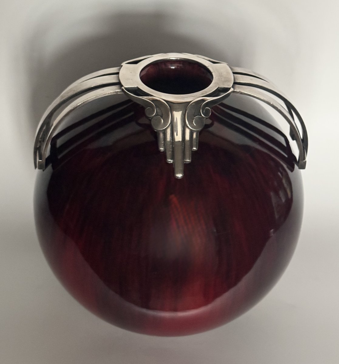 Flamed Oxblood-red Ball Vase - Silver-plated Art Deco Bronze - Paul Milet In Sevres-photo-4