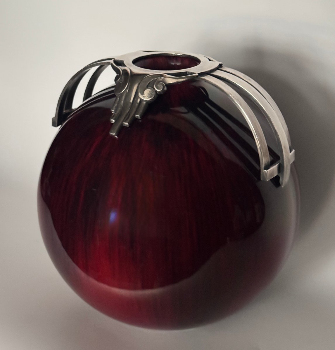 Flamed Oxblood-red Ball Vase - Silver-plated Art Deco Bronze - Paul Milet In Sevres-photo-5