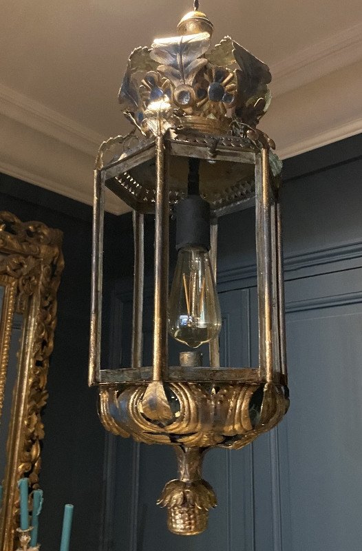 Lanterne en tole polychrome et doré (lustre métal) -photo-1