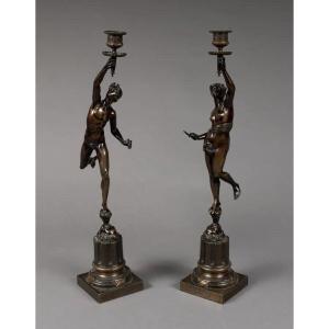 Pair Of Bronze Candlesticks. Mercury Or Hermes And Fortune (giambologna)