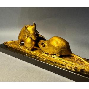 Gilded Bronze Sculpture "mouse And Snail" G. Gardet (f. Barbedienne)