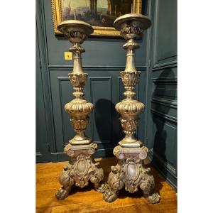 Pair Of Important Louis XIV Torchieres Silver-plated Carved Wood, 17th Century. Candle Holder