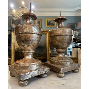 Pair Of Carved Wood And Silvered Candlesticks 18th Century