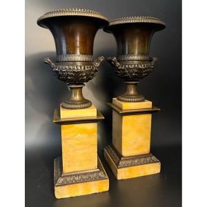 Pair Of Empire Bronze Cassolettes With Medici Vases 